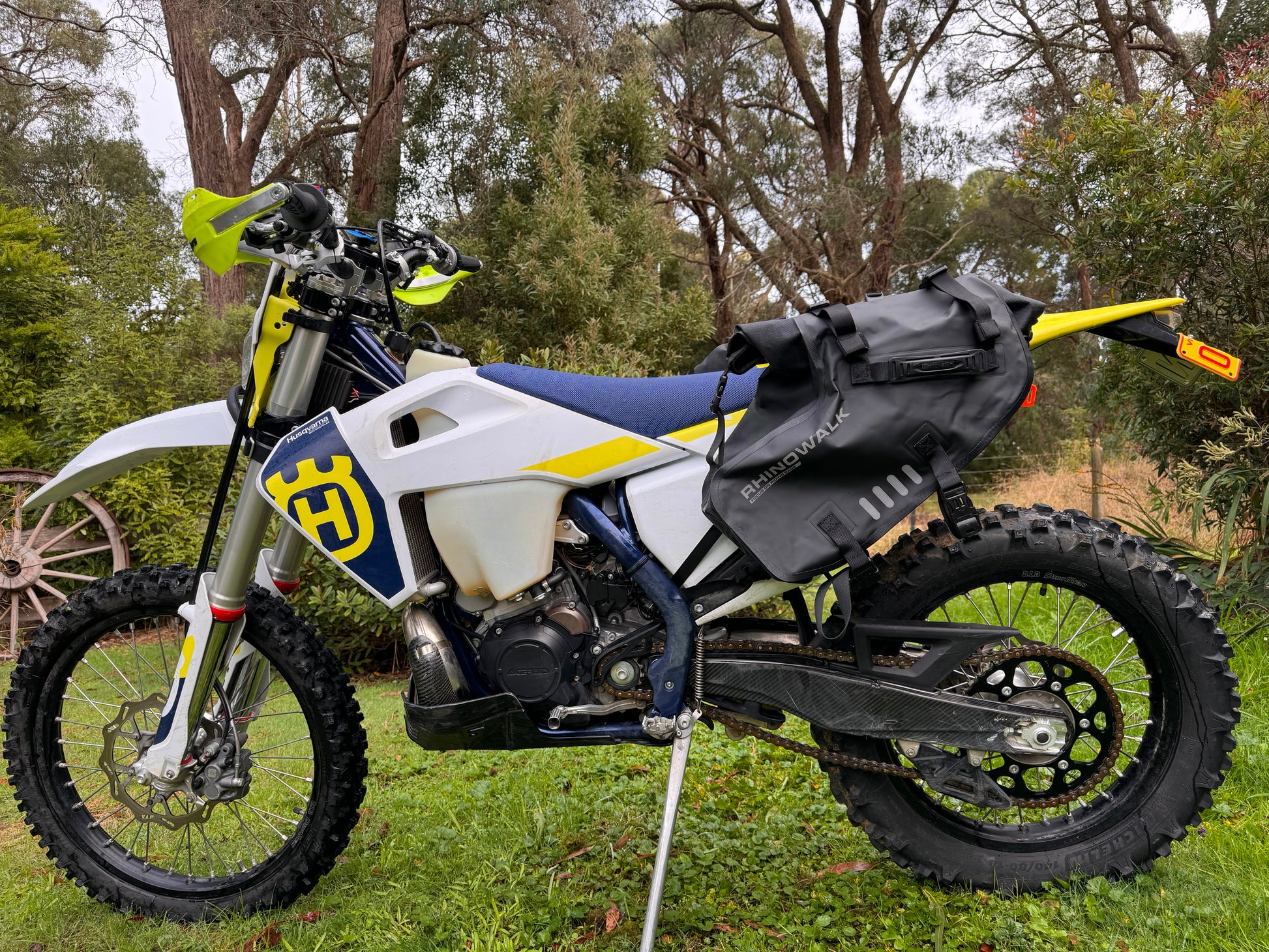 Large size RhinoWalk pannier bags fixed to an adventure motorcycle and viewed from the left side. 